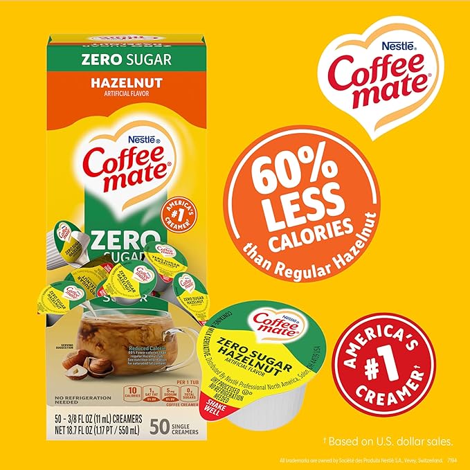 Nestle Coffee mate Coffee Creamer, Zero Sugar Hazelnut, Liquid Creamer Singles, Non Dairy, No Refrigeration, 0.375 fl oz Tubs (Pack of 200)