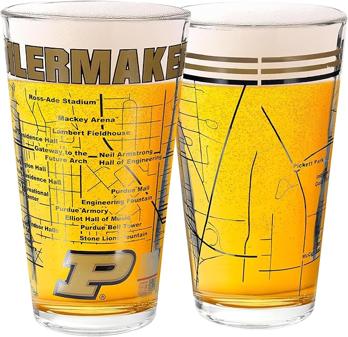 Greenline Goods – University of Purdue Boilermakers College Pint Beer Glasses (Set of 2), 16 oz – Full-Color Logo + Campus Map