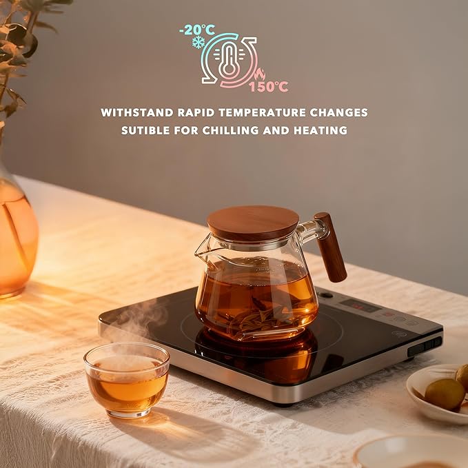 Induction Safe Glass Teapot with Wooden Handle, 700ml Heat-Resistant Borosilicate Glass, Dishwasher Safe, For Loose Leaf, Herbal & Blooming Tea, BPA & Lead-Free, Easy to Clean