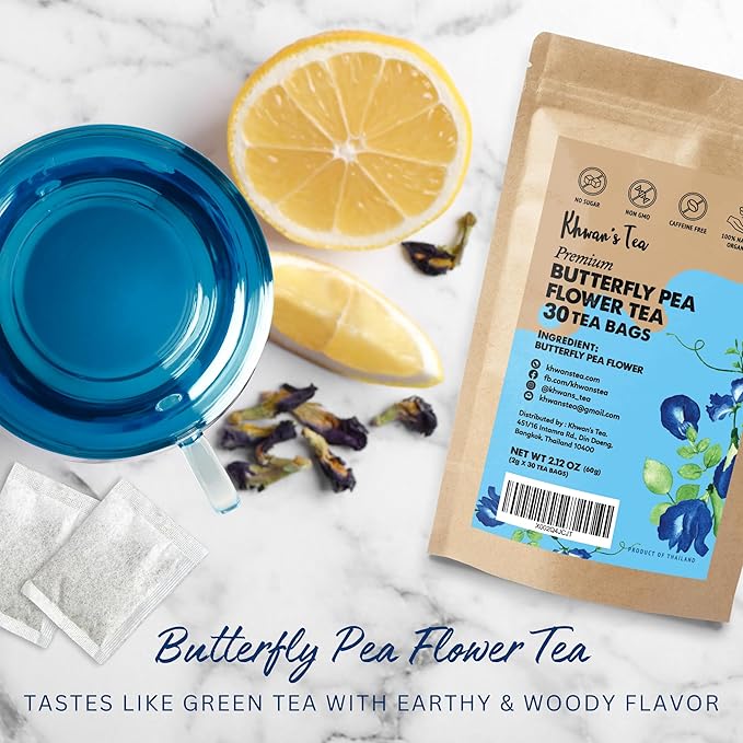 KHWAN'S TEA - Butterfly Pea Flower Tea Bags, Blue Herbal Tea Caffeine Free Natural Coloring, Sourced from Thailand