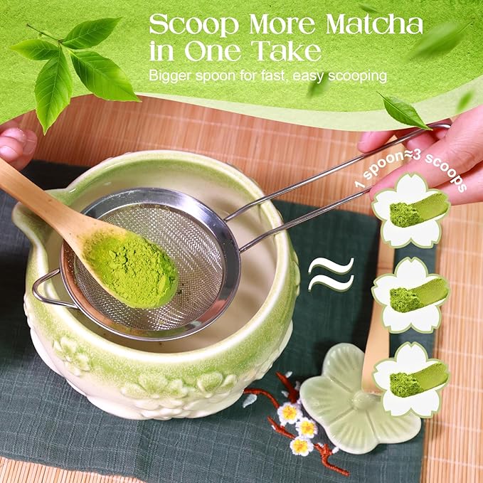 8 PCS Matcha Whisk Set, Green Matcha Kit Set WithCherry Blossom Embossed Pattern Includes Bowl with Spout, Bamboo Whisk, Ceramic Holder, Bamboo Scoop x2, Scoop Rest, Stainless Sifter and Tea Towel