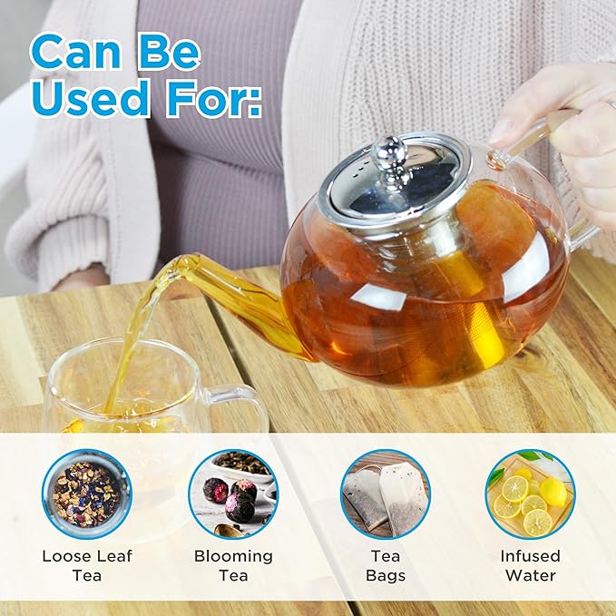 GROSCHE - Joliette Borosilicate Glass Teapot with Stainless Steel Infuser - 5 Cup Glass Teapot with Removable Strainer for Loose Leaf & Herbal Tea, Dishwasher Safe, 42 oz