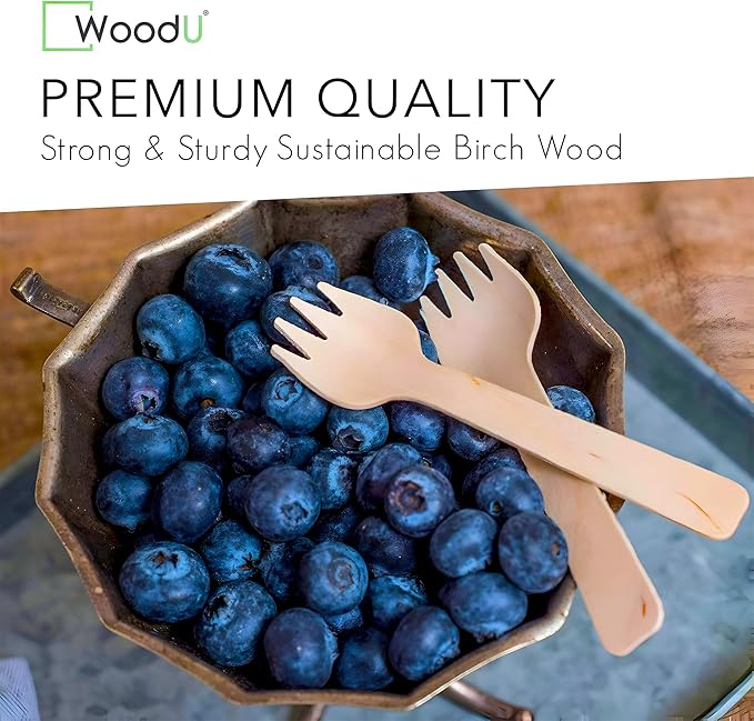Mini wooden spork disposable Perfect for Dessert, Appetizers, Cocktails, Eco-Friendly spork wood for sample & tasting, Biodegradable & compostable | 100% All-Natural - Pack of 100-4” by WoodU