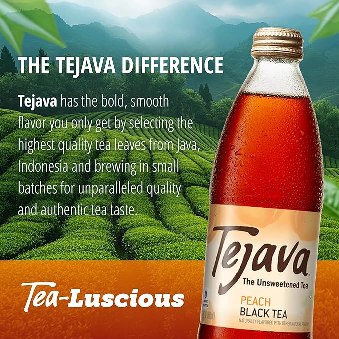 Tejava Peach Black Iced Tea, 12 Pack, 12oz Glass Bottles, Unsweetened, Non-GMO, Kosher, No Sugar or Sweeteners, No calories, No Preservatives, Brewed in Small Batches