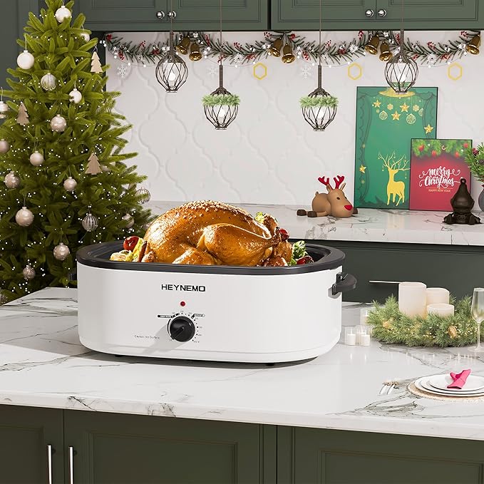 Roaster Oven 20 Quart, Electric Turkey Roaster Oven Electric with Self-Basting Lid, Removable Pan and Rack, Full-Range Temperature, Stainless Steel, White
