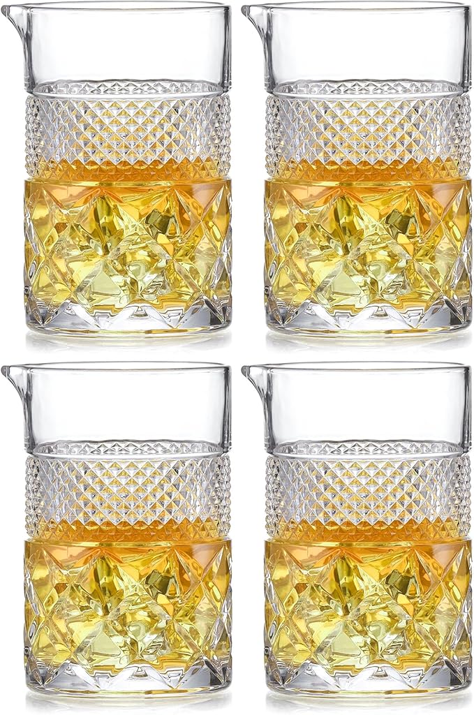 4-pack Cocktail Mixing Glass - 21oz Lead-Free Hand Blown Barware with Professional Bartender Kit - for Martini, Manhattan, Old Fashioned - Premium Home Bar Gift for Wedding Anniversary Birthday