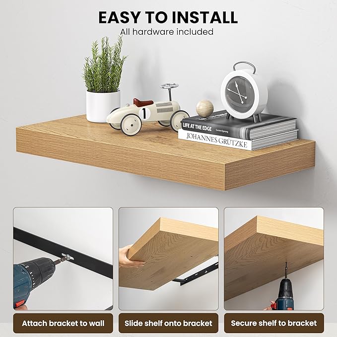 Dreamland 24" Floating Shelves for Wall, 12" Deep Thicker Oak Floating Shelves, Wall-Mounted Shelves for Bedroom, Living Room, Kitchen, Bathroom - Set of 2
