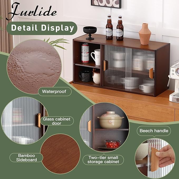 Wall Mounted Bamboo Countertop Storage Cabinet with Glass Door, Hanging Kitchen Cupboard with Adjustable Shelves, Small Pantry Sideboard for Dining Room, Bathroom, Walnut