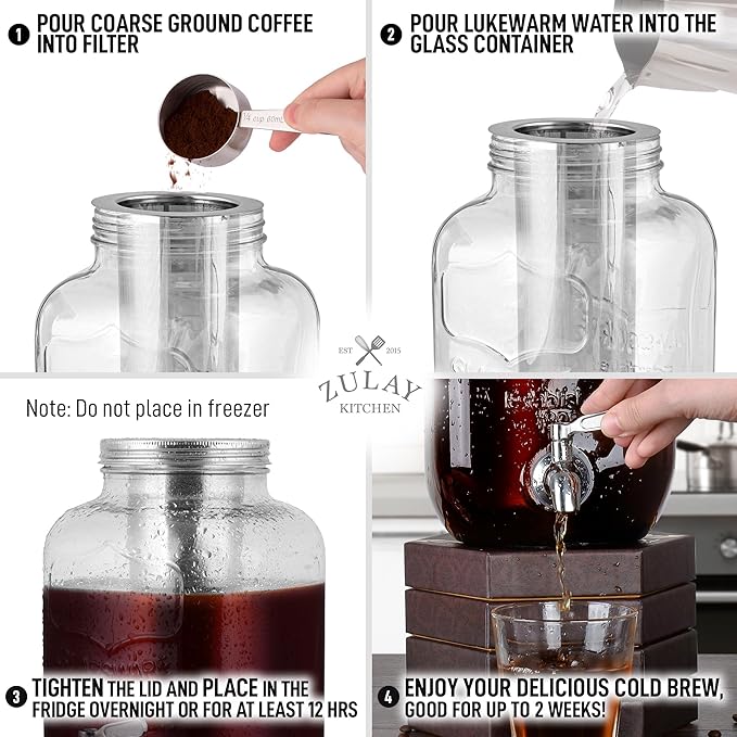 Zulay Kitchen 1 Gallon Cold Brew Coffee Maker – Thick Glass Pitcher with Stainless Steel Filter, Lid & Spout – Large Mason Jar Container Dispenser - Iced Coffee & Sun Tea Brewer for Fridge – Silver