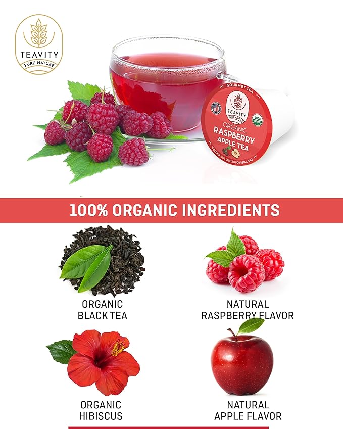 Organic Raspberry Apple Black Tea Pods for Keurig - Naturally Caffeinated Fruit Tea by Teavity (12 Tea Pods)