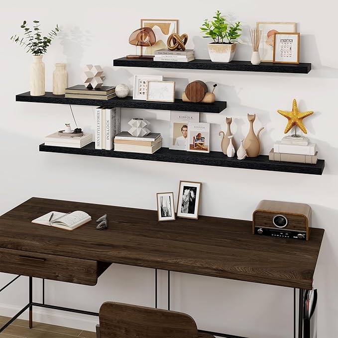 Fun Memories 55 Inch Fireplace Mantel Shelf -Long Floating Shelf, Wall Mounted Farmhouse Display Shelf with Invisible Heavy Duty Metal Bracket, Black