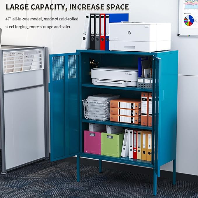 Blue Metal Storage Cabinet with 2 Doors - 47''H Locker Cabinet, 3 Tier Locker with Adjustable Shelves,Office Storage Locker for Office, Home, Living Room, Kitchen