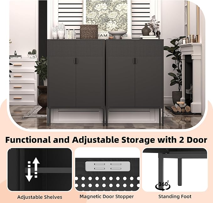 Black Metal Storage Cabinet,2 Door TV Stand, Metal Mesh Accent Cabinet,Magnetic Door Closure,Low Storage Cabinets with Doors and Shelf for Home,Office,Living Room