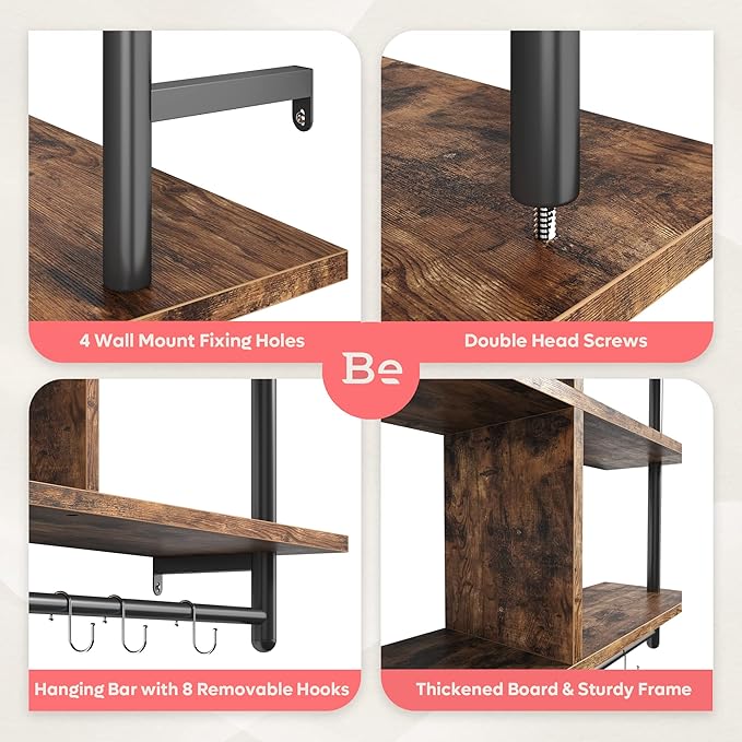 Bestier 41.5" Floating Shelves for Wall 3 Tier Kitchen Shelves Wall Mounted Coffee Bar Shelf Hanging Shelf with 8 Hooks, Industrial Display Pipe Shelving for Kitchen Living Room Bathroom, Rustic Brown
