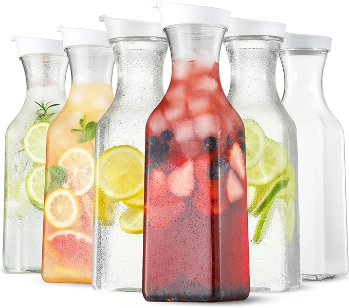 Plastic 50 Oz Water Carafe with Flip Top Lid, Set of 6 Square Base Clear Plastic Juice Container Pitcher - for Water, Iced Tea, Juice, Beverage, Lemonade, Milk and Mimosa Bar - HAND WASH ONLY