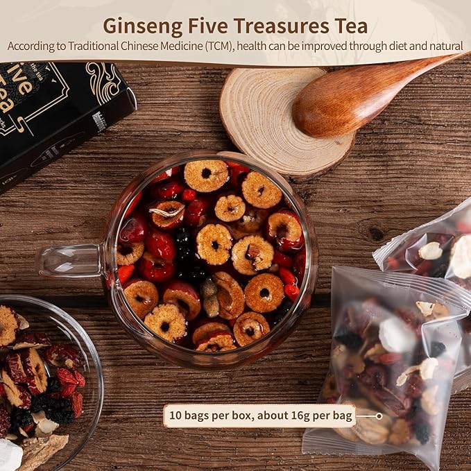 Ginseng Five Treasures Kidney Tea, Traditional Chinese Herbal TeaBags, Natural Organic Kidney Cleanse Detox Tea for Women & Men, 7 Precious Ingredients Formula(2 Pack/50 Bags)