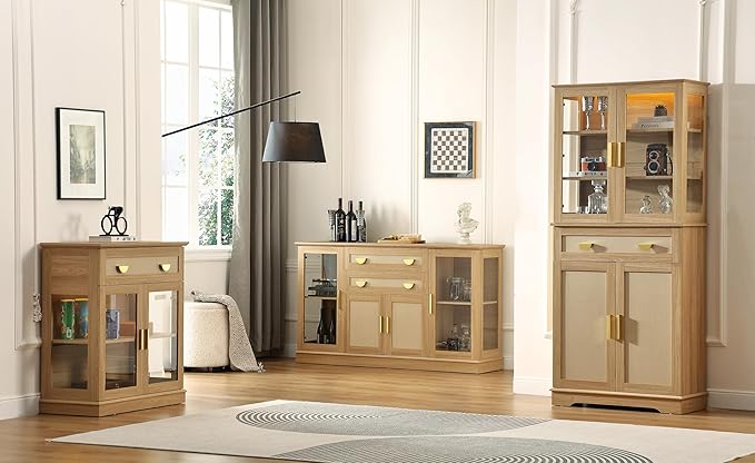 31.5'' Small Buffet Cabinet with Glass Doors,Small Coffee Bar Cabinet with Storage,Modern Sideboard with Adjustable Shelf and a Drawer,for Kitchen,Natural