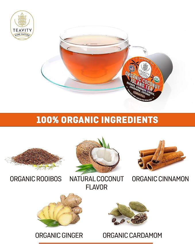 Coconut Rooibos Tea Pods for Keurig - Organic Ginger Tea, Rooibos, Cinnamon, Cardamom, Coconut by Coconut Island Teavity (24 Tea Pods)