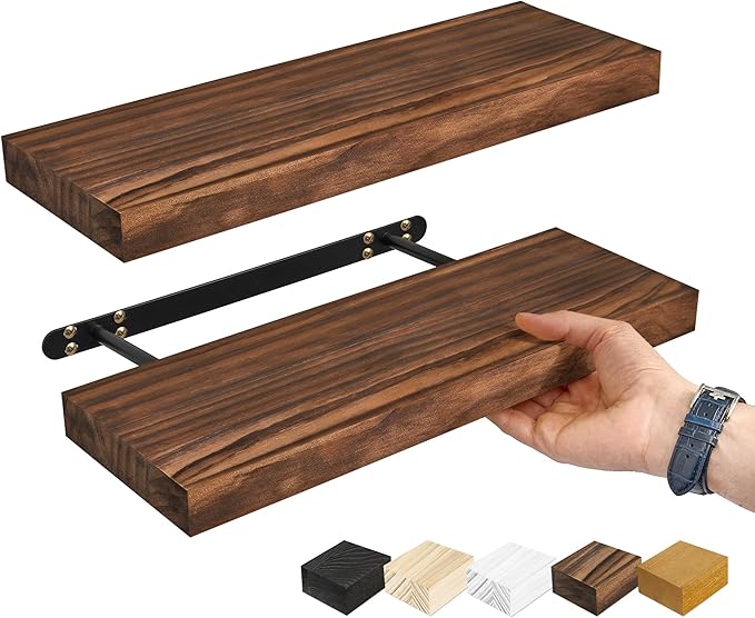 Sorbus Wood Floating Shelves for Wall - 16” Solid Wood Wall Shelves for Bathroom Decor, Books, Bedroom & Living Room - Set of 2 Walnut Wall Mounted Kitchen Shelves - Durable Solid Pine