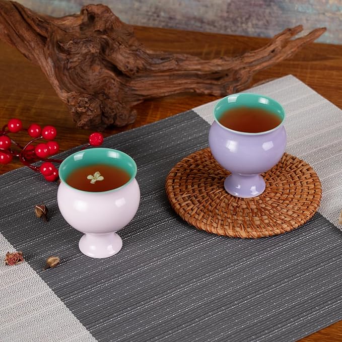 KAMMAK Tea Cups, 3oz Small Tea Set of 2 for Home, Party, Office, Porcelain Tea cups with Short Stem, Cute Ceramic Teacups, Chinese Kungfu Tea Set for Hot/Cold Drink (Apricot Pink and Hibiscus Purple)