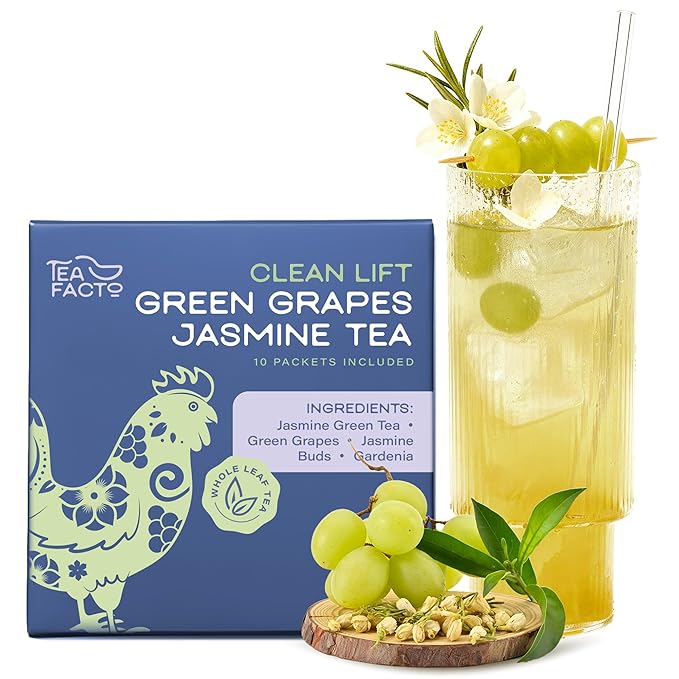 Tea Facto Green Goddess* Jasmine Green Tea with Dried Grapes and Gardenia - Clean Caffeine, Natural Fiber, Zero Added Sugar - 10 Count