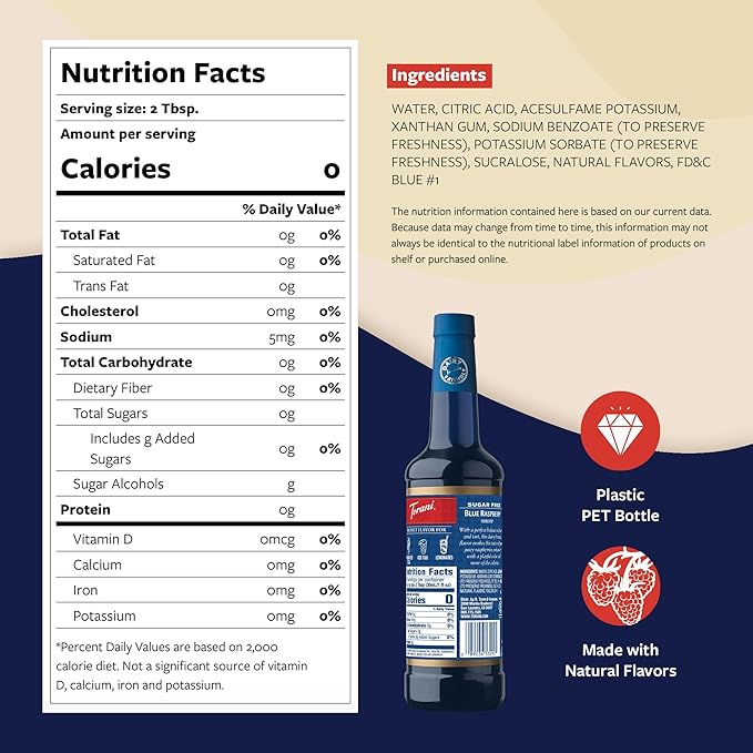 Torani Sugar Free Syrup, Blue Raspberry, Zero-Calorie Flavoring for Drinks, Pump Included, 25.4 Oz