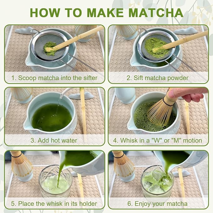 Matcha Whisk Set–7pcs Japanese Matcha Set Kit with Matcha Bowl, Bamboo Whisk, Whisk Holder, Scoop, Towel &Sifter–Perfect for Tea Ceremonies&Matcha Lovers (Mountain Relief-Celadon)