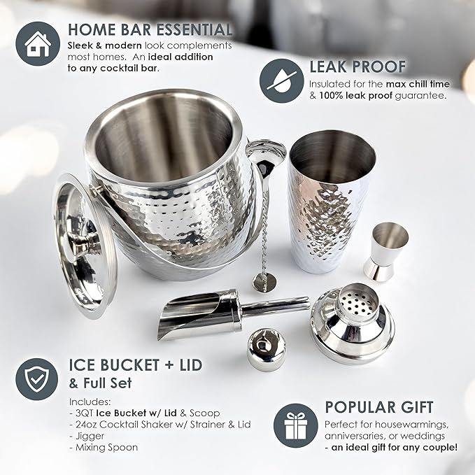 BREKX Stainless Steel Beverage Tub and Ice Bucket with Lid and Scoop Party Combo Set, Silver Double-Walled Insulated Barware Set
