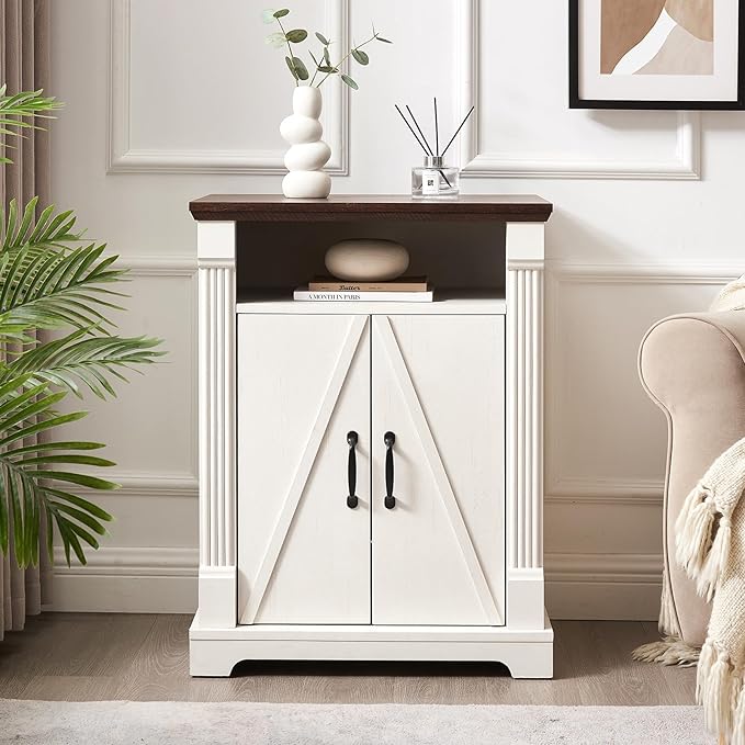 24" Farmhouse Storage Cabinet – Antique White Freestanding Buffet Sideboard with Barn Doors, Adjustable Shelf, Small Coffee Bar for Kitchen, Bathroom & Living Room