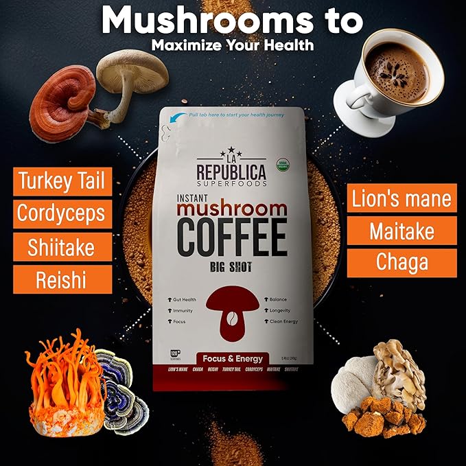 La Republica Big Shot Instant Mushroom Coffee Organic (120 Servings) with Lion's Mane, Reishi, Chaga, Cordyceps, Maitake, Turkey Tail