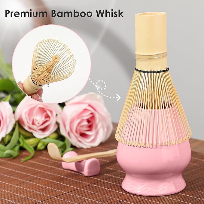 Matcha Whisk Set Matcha Kit - 7 Pcs Japanese Tea Set Includes Matcha Bowl with Spout,Bamboo Whisk with Ceramic Holder,Bamboo Scoop and Rest,Sifter,Tea Towel, for Ceremony Matcha Lovers Gift,Pink