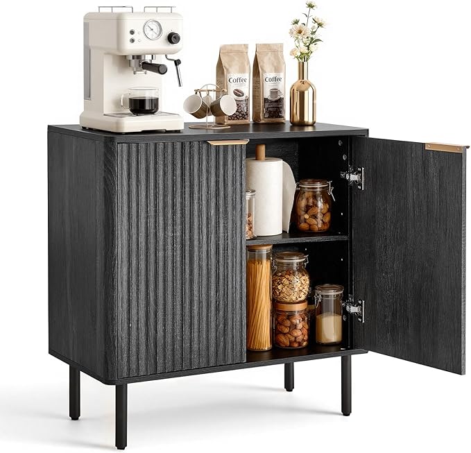 VEVOR Buffet Cabinet, Sideboard Cabinet with 2-Tier Storage, Coffee Bar Cabinet with Adjustable Shelves, Fluted Sideboard Buffet for Hallway, Entryway, Living Room, or Kitchen, Black