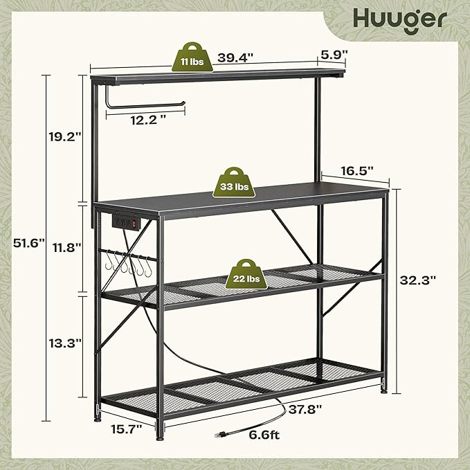 Huuger 4-Tier Bakers Rack with Reversible Power Outlet, 39.4 Inch Microwave Stand, Kitchen Bar, with Top Shelf, 6 S Hooks, White