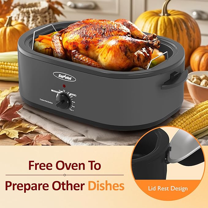 Sunvivi Electric Roaster,18 Quart Roasting Oven with Self-Basting Lid Removable Pan,Turkey Roaster Oven with 150 to 450F Temperature Control Cool-Touch Handles,Grey