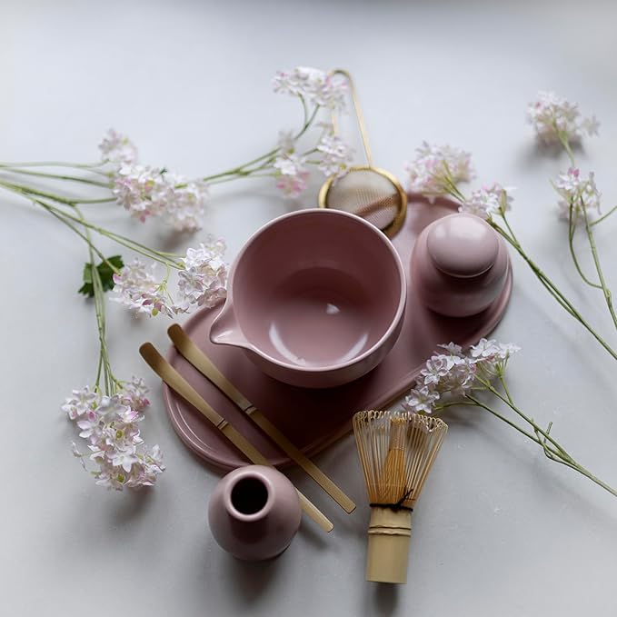 Matcha Whisk Set, Premium 7 Pcs Ceramic Set Includes Bowl, Whisk and Holder, Bamboo Scoop, Canister, Sifter, and Tray