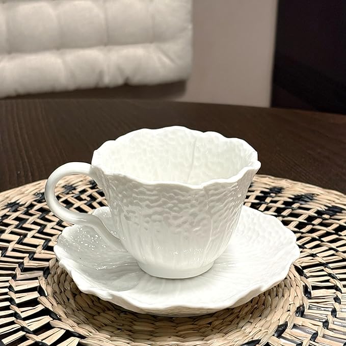 2 Pack White Ceramic Cups and Saucers Coffee Cups with Cabbage Floral Design 200ml (7 oz) Tea Cups for Espresso, Latte, Porcelain Mugs