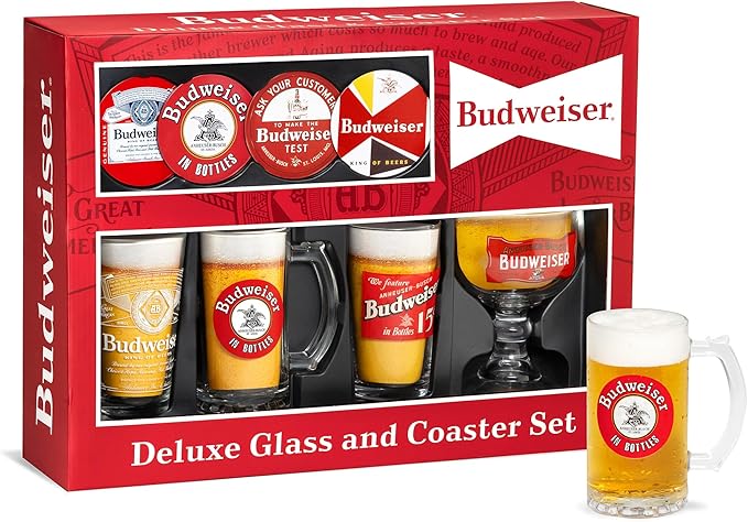 Budweiser 4 Beer Glass and Coaster Deluxe Gift Set