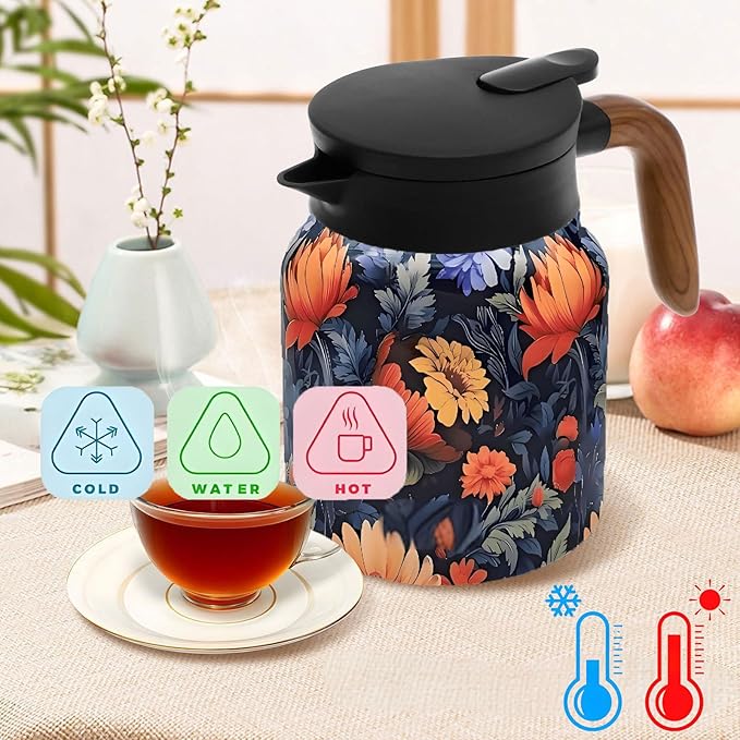 Vintage Pattern Coffee Carafes, 35 Oz/1 Liter - Hot and Cold with Infuser, Perfect for Parties/Home Use (Blooming Flowers)