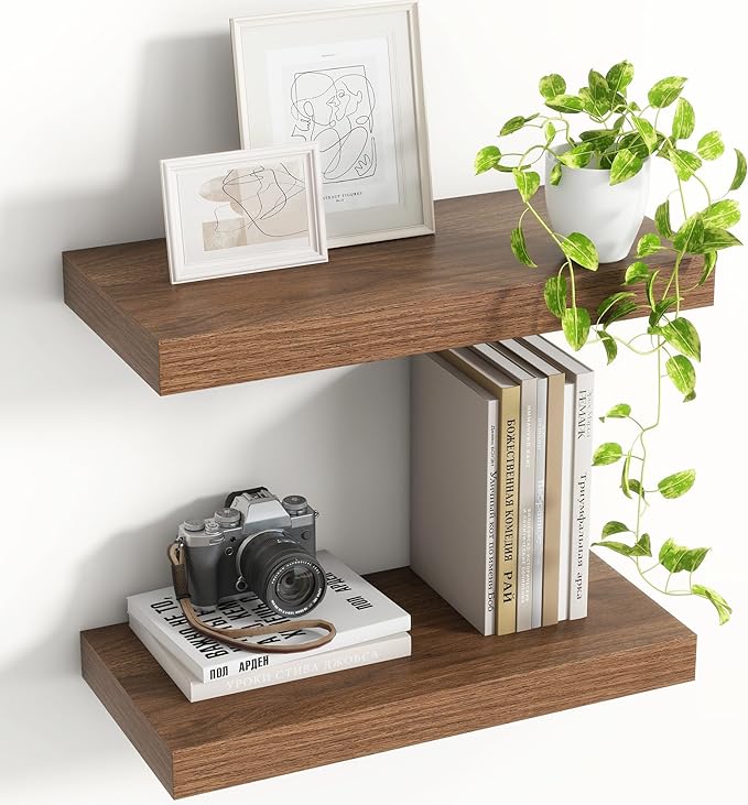 16 Inch Floating Shelves, 8 Inch Deep Floating Shelves for Wall, Hanging Shelf with Invisible Brackets, Deep Shelves for Bathroom, Bedroom, Living Room, Walnut, Set of 2