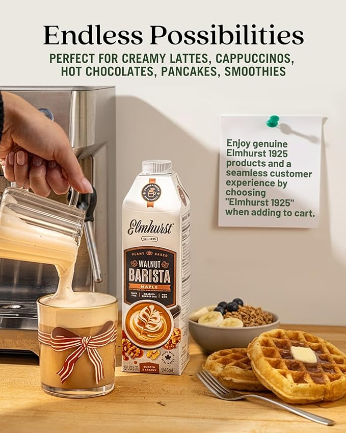 Elmhurst 1925 Maple Walnut Milk Barista Edition – 32 Ounce (Pack of 6) Plant-Based, Extra Creamy, Vegan, Dairy-Free, Non-GMO, Kosher, Sweetened with Real Maple Syrup for Flavorful Lattes & Iced Drinks