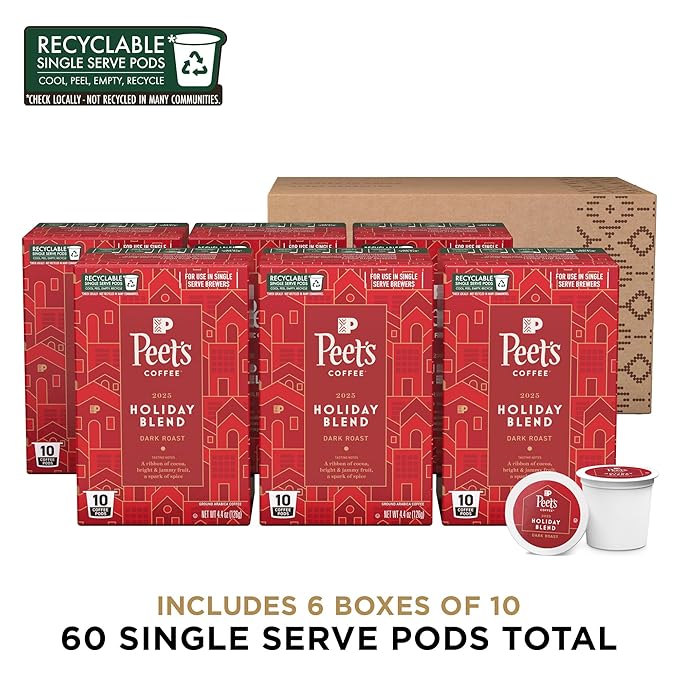 Peet's Coffee, Dark Roast Keurig K-Cup Pods - Holiday Blend 60 Count (6 Boxes of 10 K-Cup Pods)