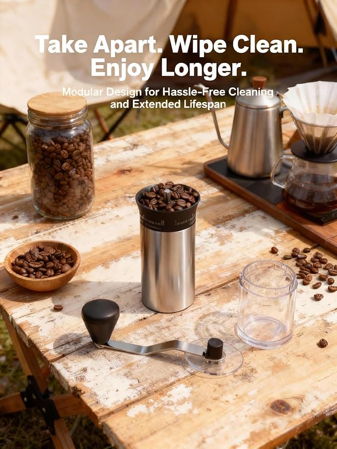 LAMIDO Mini Manual Coffee Grinder, 56 External Adjustable Settings, 30g Capacity, Portable Ceramic Conical Burr Mill with Crank, Single Dose Hand Grinder for Camping, Travel - Stainless Steel Finish