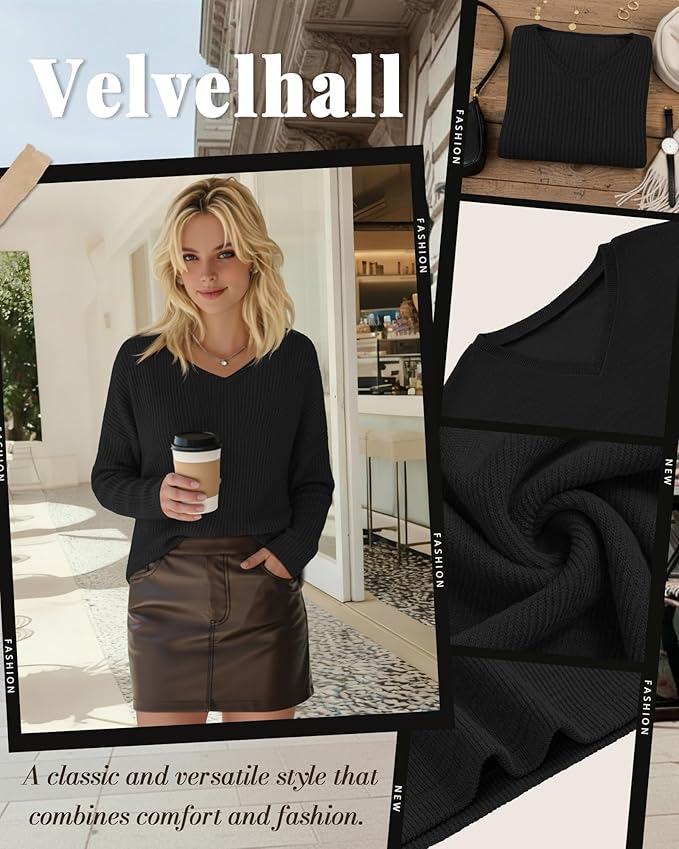 Women's V Neck Sweater Long Sleeve Knit Oversized Shirt Loose Lightweight Fall Casual Pullover Sweater Top