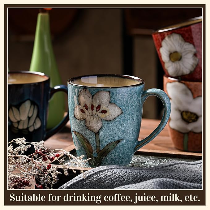 Maxdot 6 Pcs 12oz Ceramic Coffee Mugs Sets Glazing Process Cappuccino Mug Floral Ceramic Tea Cups Christmas Housewarming Idea Gift for Women Porcelain Cup for Coffee, Cocoa, Tea, Latte (Retro)