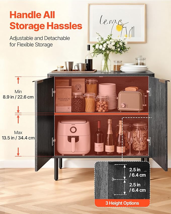 VEVOR Buffet Cabinet, Sideboard Cabinet with 2-Tier Storage, Coffee Bar Cabinet with Adjustable Shelves, Fluted Sideboard Buffet for Hallway, Entryway, Living Room, or Kitchen, Black