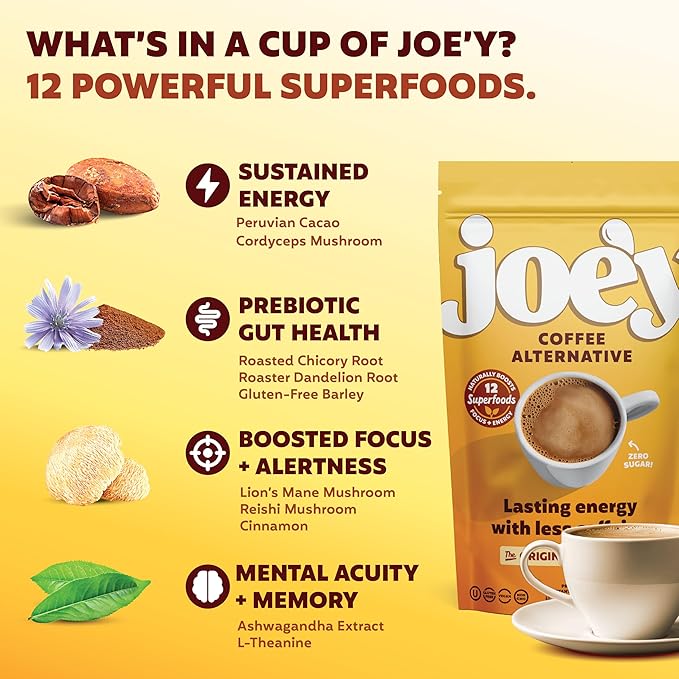 Joey Mushroom Coffee Alternative with Cacao Dandelion Root, and Chicory, Instant Mushroom Coffee Substitute with Superfoods, Vegan Gluten-Free Energy Drink for Focus and Calm, 60 Servings