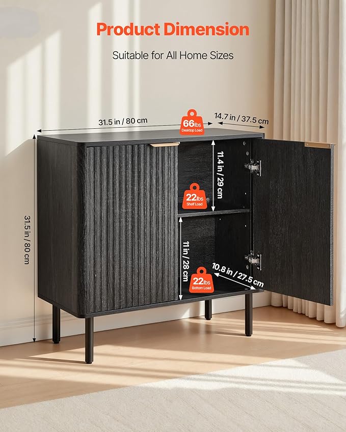 VEVOR Buffet Cabinet, Sideboard Cabinet with 2-Tier Storage, Coffee Bar Cabinet with Adjustable Shelves, Fluted Sideboard Buffet for Hallway, Entryway, Living Room, or Kitchen, Black