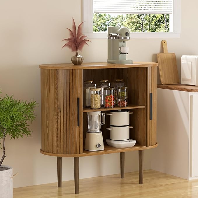 BlueWish 32" Fluted Storage Cabinet with Sliding Tambour Door, Sideboard Buffet Cabinet with Curved Profile Design, Modern Accent Coffee Bar Kitchen Cabinets Console Table for Living Room, Kitchen