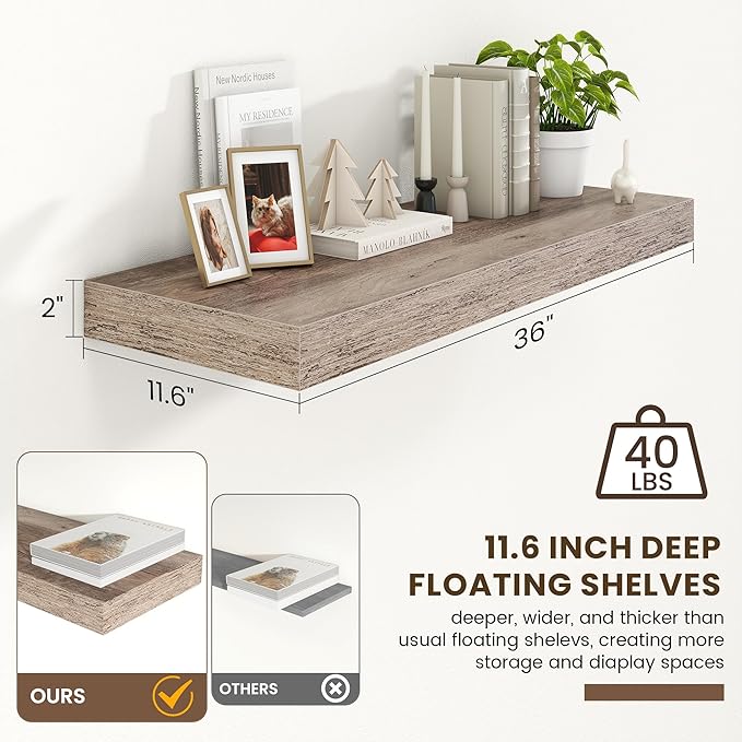 12 Inch Deep Floating Shelves | 36 Inch Grey Floating Shelves | 36" W x 12" D Rustic Wood Shelves for Wall | Deep Grey Shelves for Living Room Bathroom Laundry Room Kitchen