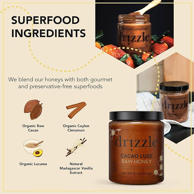 Drizzle Cacao Luxe Raw Honey - All Natural Pure Raw Honey with Organic Cacao, Unfiltered & Unheated, Use in Tea & Coffee, Sugar Substitute, Certified Kosher - 13.2 oz Jar (375 g)